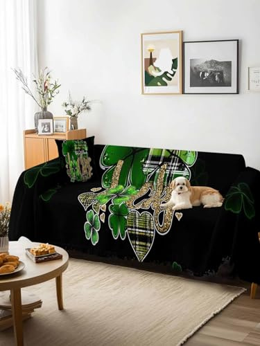 St. Patrick's Day Sofa Cover Blanket Couch Covers for Armchair Cushion,Couch Sofa Silpcover with Tassel,Spring Green Shamrock Gold Lucky Love Black Living Room Throw Towel Blanket Covers XX-L 71x150