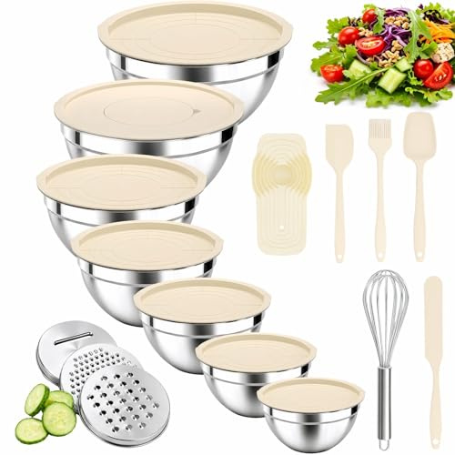 Nifogo Lot de 7+14 Saladier Avec Couvercle, Cul de Poule Inox Avec Couvercles Hermétiques & 3 Râpes, 4,2L/3,3L/2,5L/1,9L/1,4L/1L/0,7L, Empilables pour Cuisine Préparation, Mélanger & Service