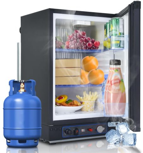 SMETA Gas Fridge 40L, 3 Way Fridge Camping 12V/240V/Gas, Campervan, Caravan | for Motorhome Campervan Cabin Off-Grid Living Quiet, Reversible Door, 0℃-10℃, Black