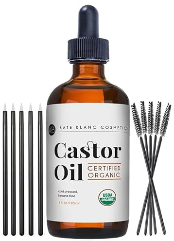 Kate Blanc Cosmetics Castor Oil Organic (4oz), 100% Pure, Cold Pressed, Hexane Free. Natural Oil for Hair, Eyelashes, Eyebrows. Skin Moisturizer with Starter Kit