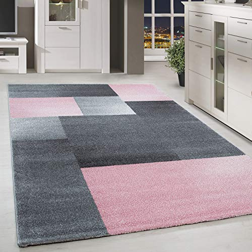 HomebyHome Kurzflor Teppich 120x170 cm Kariert Rosa-Grau, Weiches Wohntextil mit Muster, Pflegeleichte Deko für Wohnzimmer, Gäste- oder Schlafbereich