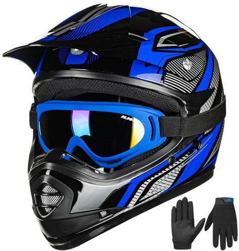 ILM Casco Moto Bambino Motocross con Goggle Guanti ATV Off Road ECE B07,Nero Blu,S