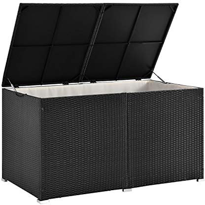 Juskys Polyrattan Auflagenbox Ikaria 950 L inkl. Deckel mit Hubautomatik & Innenplane - Kissenbox 145 x 82 x 79 cm für Garten - Gartenbox schwarz