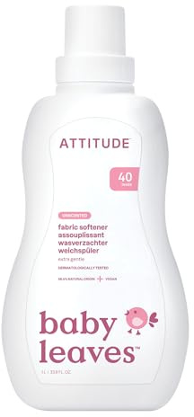 ATTITUDE Baby Fabric Softener Liquid, EWG Verified, Safe for Baby Clothes, Infant and Newborn, Vegan and Naturally Derived Washing Soap, HE Compatible, Unscented, 40 Loads, 1.04 Liter