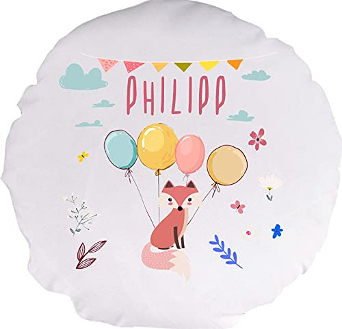 Kleckerliese Baby Kinder Kissen Kissenhülle Tiere Motiv, Fuchs Fox mit Wunschname Balon Wolken, 40 cm Farbe Weiß