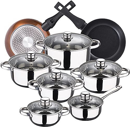 Bateria de cocina 12 piezas SAN IGNACIO Cassel, acero inoxidable, con juego sartenes (20/24 cm) BERGNER Brown Neon en aluminio forjado
