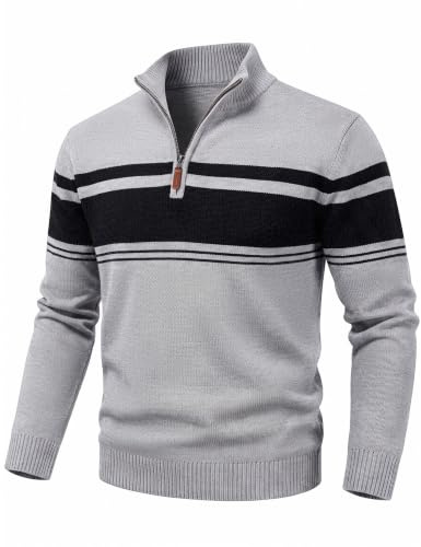 KEFITEVD Men's Jumpers Quarter Zip Winter Warm Sweater Mock Turtle Neck Casual Pullover Cotton Knitted Striped Work Jumper