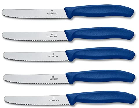 Victorinox | Tafelmesser Swiss Classic | 5 Stück | Blau | extra scharfer Wellenschliff | Swiss Made | ideal auch als Brötchenmesser oder Tomatenmesser