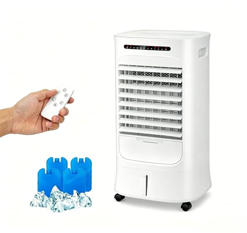 GOPLUS Klimaanlage mobil ohne Abluftschlauch, 15 Std. Timer, 66W, Klimagerät mit 10L Wassertank & 4 Kühlakkus, 3 in 1 Kühlen & Ventilieren & Befeuchten, Luftkühler 3 Gebläsestufen, inkl. Fernbedienung