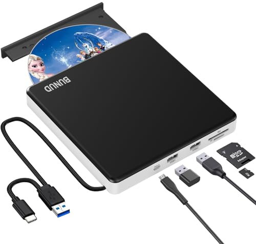 BUNUD Lecteur CD DVD Externe, USB 3.0 Type-C Graveur CD Externe avec 2 USB et Fente SD/TF, Portable CD/DVD /-RW/ROM Lecteur CD/DVD Externe pour PC Windows 11/10 Mac MacBook Pro Air iMac