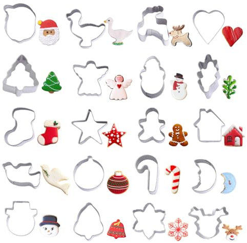 Weihnachts Ausstechformen Set, 20 Stück, Mini Weihnachts Ausstechformen, Edelstahl, Lebkuchenmann, Baum, Schneeflocke, Zuckerstange, Weihnachtsmann, Schneemann, Rentier und mehr