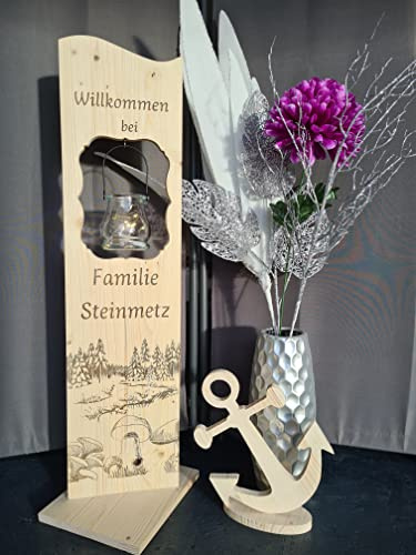 Designbysh Holzaufsteller, Holz Deko Schild Holzschild Eingangsschild mit Leuchtglas oder Solarlampe Wald und Pilze, Willkommen..