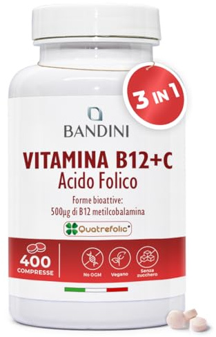 Bandini® Vitamina B12 e Acido Folico 400 Compresse Vegane (+1 Anno), 3 in 1 con Vitamina C, Forme Bioattive Metilcobalamina e Quatrefolic®, B 12 + B9 + Vit C, Energia e Vitalità, Vitamine 100% Vegan