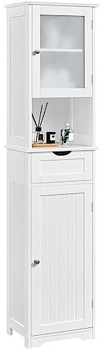 Yaheetech Tall Bathroom Storage Cabinet, Wooden Floor Cabinet with Glass Door, 1 Drawer and Open Shelf, Freestanding Storage Organizer with Adjustable Shelf for Kitchen, Living Room, Hallway