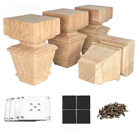 Möbelbeine aus Holz mit Montageplatten, Schrauben, 4 Stück, Massivholz, unlackiert, europäischer Stil, Ersatz-Möbelfüße für Couch, Schrank, Sofa, Ottomane, TV-Ständer, Heimwerker-Projekte (10,2 cm)