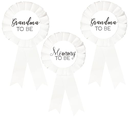 1 Mommy to be Tinplate Badge Pin Neutral, 2 Badges for Grandmas to be - Baby Shower Button New Mom Gifts Gender Reveals Party Baby Girl or for Boy, White Rosette Button Baby Celebration (White, NO