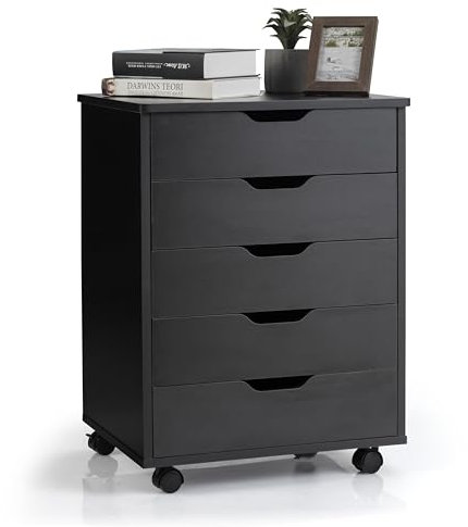 KOMFOTTEU Rollcontainer mit Schubladen, mobiler Aktenschrank Schubladenschrank mit Räder, Bürowagen Druckerständer, Büroschrank für Akten, Dokumente, 49x42x66cm (Schwarz)