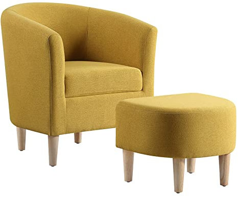 LADOKEE Sessel mit Hocker Ohrensessel Senfgelb, gepolsterter Cocktailsessel Leinenstoff Lesesessel bequem, bequemer Einzelsofa Releaxsessel Clubsessel für Schlafzimmer, Wohnung