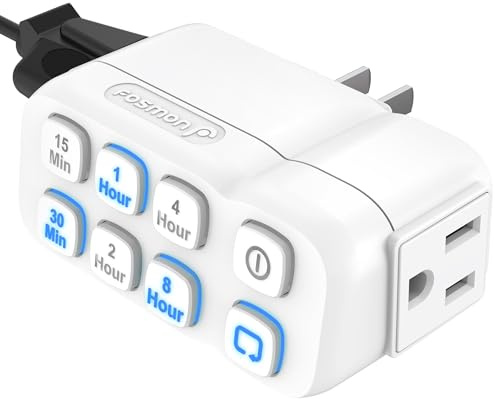 Fosmon Countdown Plug-in Timer Dual Outlet, Indoor Light Timer for Electrical Outlets, 15-30 Min, 1-2-4-8 Hour Settings, for Fan, Appliance, Lamp, Grounded, 3-Prong, 15A/1875W, ½ HP, ETL Listed