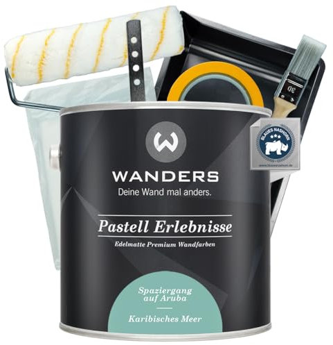 Wanders Pastell Erlebnisse Wandfarbe 2,5L (Karibisches Meer, Blau) inkl. Streichset Basic – Premium Kreidefarbe, Leichte Anwendung, Hochdeckend, Ultramatt, Perfekt für Heim-DIY