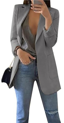 BOFETA Mujeres Blazers Traje Frente Abierto Chaquetas De Manga Larga Blazer Color Sólido Solapa Larga Chaqueta Abrigo Trabajo Oficina Blazers con Bolsillos Gris 4XL