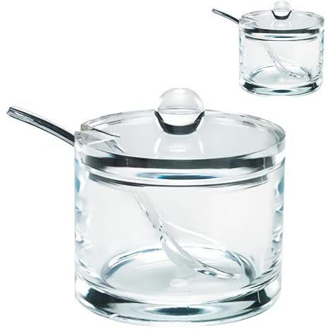J&M DESIGN Lot de 2 sucriers en acrylique transparent avec couvercle et cuillère pour accessoires de bar à café, bols à crème, bols de cuisine, fournitures essentielles, boîtes de 236,8 g,