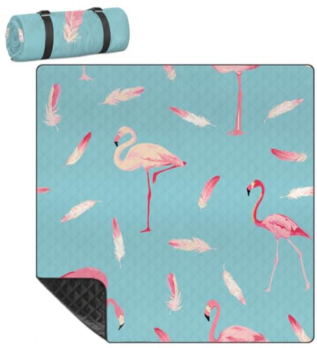 Mularoka Flamingo-Feder-Picknickdecke, wasserdicht, sanddicht, faltbar, Stranddecke, 200,7 x 200,7 cm, extra groß, tragbar, waschbar, Outdoor-Matte für Camping, Park, Gras, Wandern, Reisen