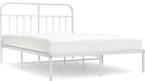 ZQQLVOO Bed Frame Lattenrost Palettenbett Bodenbett Bettgestell mit Kopfteil Metall Weiß 150x200 cm