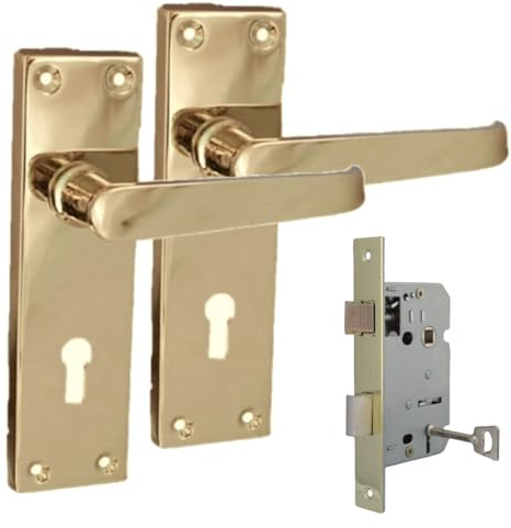 Epsom Door Handle Victorian Straight Electro Brass Lever Set – Backplate Design 150mm x 42mm – Supplied with 3-Lever Mortice Sash Mechanism – 1 Pair