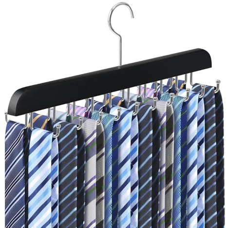 Tie Rack Belt Hanger for Closet Upgraded Non Slip Tie Hanger Space Saving with 20 Foldable Hooks Wooden Belt Tie Organizer for Tank Tops Bras Cami Scarves