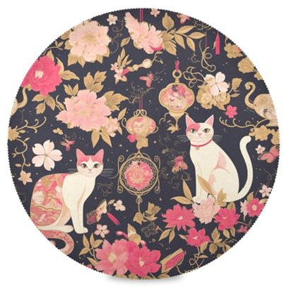 Cat Peach Gold round placemats cloth quilted reversible s washable underplate mat placemats heat resistant waterproof set of 6 placemats 15.4x15.4in