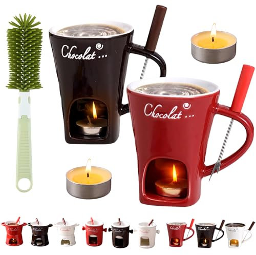 Vgpbphj Fondue Cup, Mini Ceramic Chocolate Melting Pot Set with Forks, Individual Fondue Mug, Personal Butter Warmer, Gift Set for Birthdays & Special Occasions (C-Mix3)