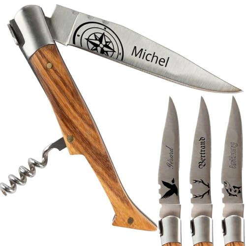 Ocadeau Personalisiertes Taschenmesser – Korkenzieher, Griff aus Esche und Gravur auf der Klinge – Personalisiertes Geschenk für Männer