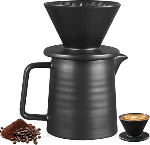 LEKEFETO Filtro de café de porcelana con taza, filtro de café reutilizable de porcelana, verter sobre cafetera con taza de cerámica, jarra de café con filtro, filtro de café reutilizable