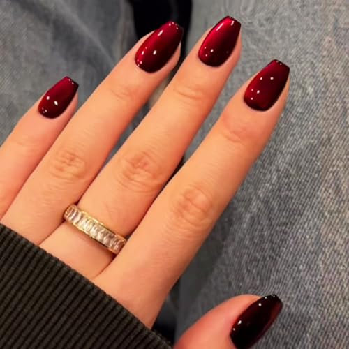 Wine Red Cat Eye Press on Nails Short Square, SXVME Glitter Glue on Nails Sparkly Shiny Fake Nail Press on With Design, Cute Bling Extra Short Coffin False Nail for Women Christmas Holiday 30 Pcs