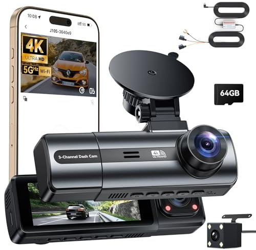 4K 3-Canali Dash Cam Auto con Kit di Cablaggio per 24H Monitor di Parcheggio, Telecamera per Auto con WiFi & App, WDR, Registrazione in Loop, G-sensor, Scheda SD da 64GB