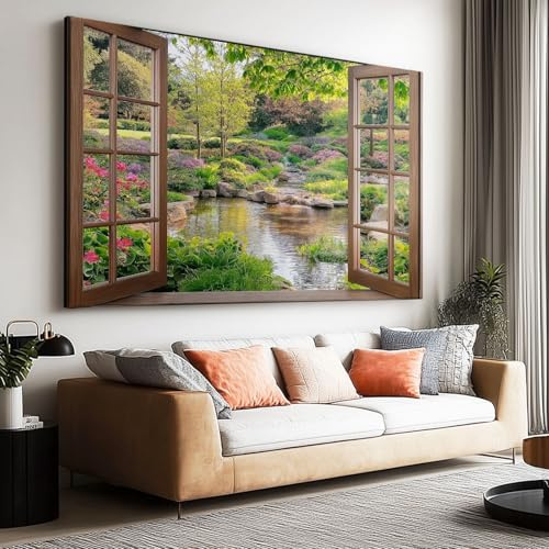 Impressions sur Toile Vue Fenêtre 3D Paysage Ruisseau Grande Tableau Murale Decoration Salon Photo sur Toile, Image sur Toile Tableaux Chambre Maison sans Cadre (120 cm x 90 cm)