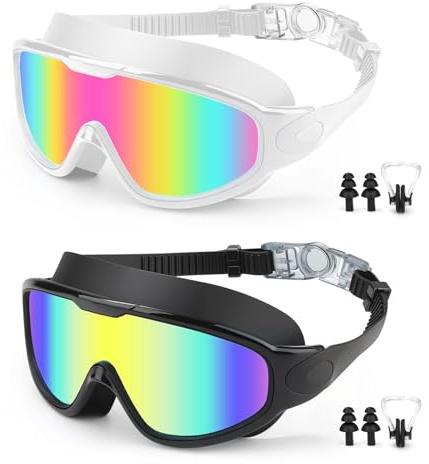 AHRLIC Confezione da 2 occhialini da nuoto in silicone, anti-appannamento, protezione UV, nessuna perdita, ampia vista, vestibilità comoda, per uomini e donne, nero/bianco