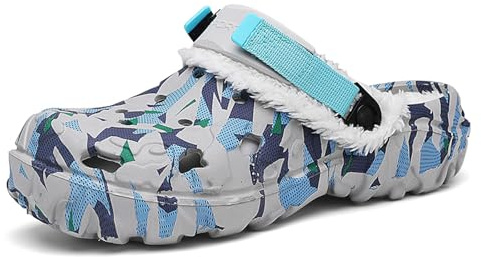 ihinzry Zuecos para hombre con forro polar con soporte de arco y forro extraíble, correa de talón ajustable, antideslizante, para interiores y exteriores, zapatos de casa, taller, jardín, camping