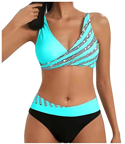 Damen Zweiteiliger Badeanzug V Ausschnitt Bademode Bauchkontrolle High Waist Bikini Sets Push Up Strandbikini Triangel Breites Swimsuit