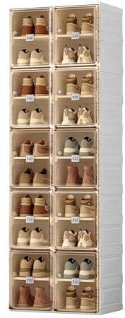 MAYIBOX Transparente schuhregal,schuhboxen stapelbar Braun, mit magnetischer Tür, für Stöckelschuhe, Stiefeletten, Pumps