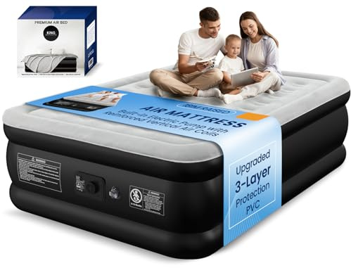 Queen Air Mattress with Built-in Pump, Heavy-Duty 800 lbs Support, 48-Hour Leak-Tested, Upgraded 3-Layer Protection PVC, 3 Min Fast Inflation, Portable Air Bed for Home, Guest & Camping