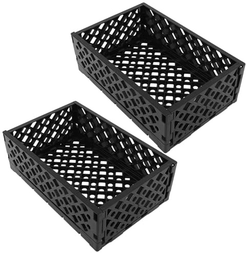 HOODANCOS Casse Pieghevoli in Plastica Nere 30X20X10 CM Set da 2 Pezzi Manico Contenitori Portaoggetti Salvaspazio per Cucina Ufficio e Bagno Organizer Impilabile e Portatile per