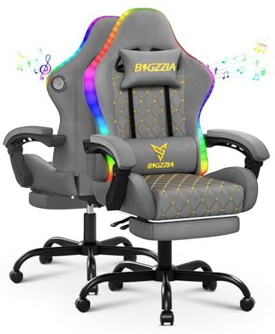 Racingreat RGB/LED Gaming Stuhl mit Lautsprecher und Fußstütze (Grau) | RGB/LED PC Stuh mit Footrests, 90°–135° Neigungswinkel Höhenverstellbar, Junge Erwachsene Gamer Büro Pause Familien