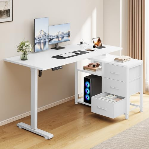 Homiflex 47 Inch L Shaped Standing Desk with 3 Drawers Electric Standing Desk with Storage Computer Game Desk Adjustable Height Desk with Power Outlets 4 Memory Presets for Home Office White