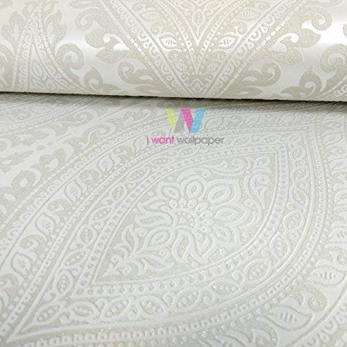 Grandeco Kismet Damask Pattern Wallpaper Metallic Glitter Motif Art Deco (Cream A17701)