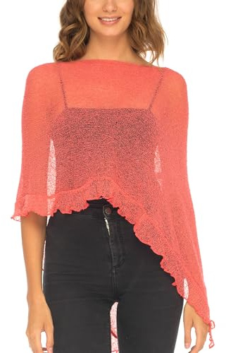 SHU-SHI Dam Sheer Poncho Shrug lätt stickad volang pullover tröja topp, Korall, one size