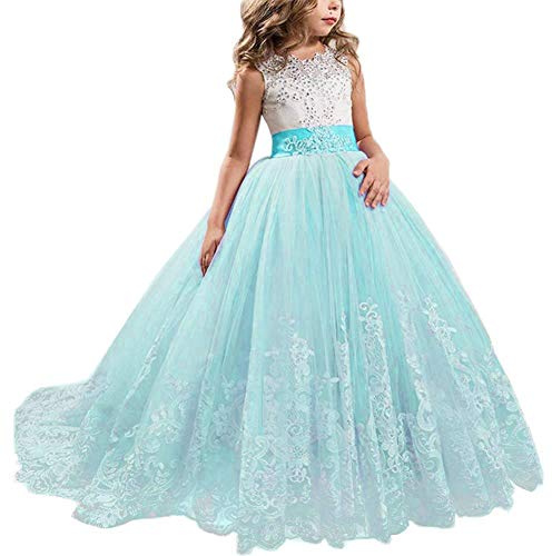NNJXD - Abito da ballo ricamato in tulle, da principessa, per feste formali, lungo e con coda #1 Bleu 7-8 Anni