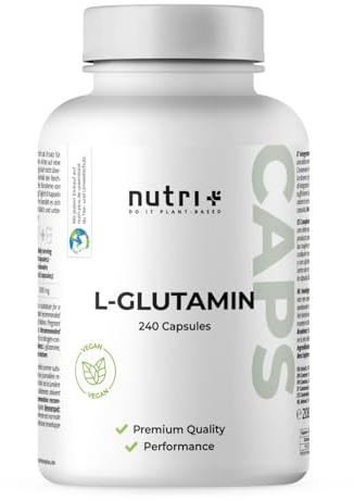 Nutri + L-Glutamina Caps vegan + alta Dosis - 240 Megacápsulas - 750 mg de L-glutamina pura en Cápsula - Fitness y Culturismo - de Origen vegetal - extra pura sin Aditivos