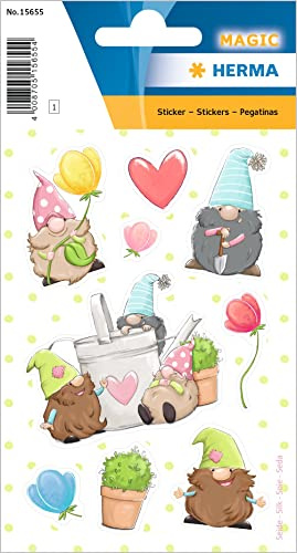 HERMA 15655 Stickers Garden Gnome Glitter Small, 9 Pieces, Gnome Stickers Made of Silk Fabric with Gnome Motif, Children's Labels for Photo Album, Diary, Poetry Album, Scrapbooking, Birthday